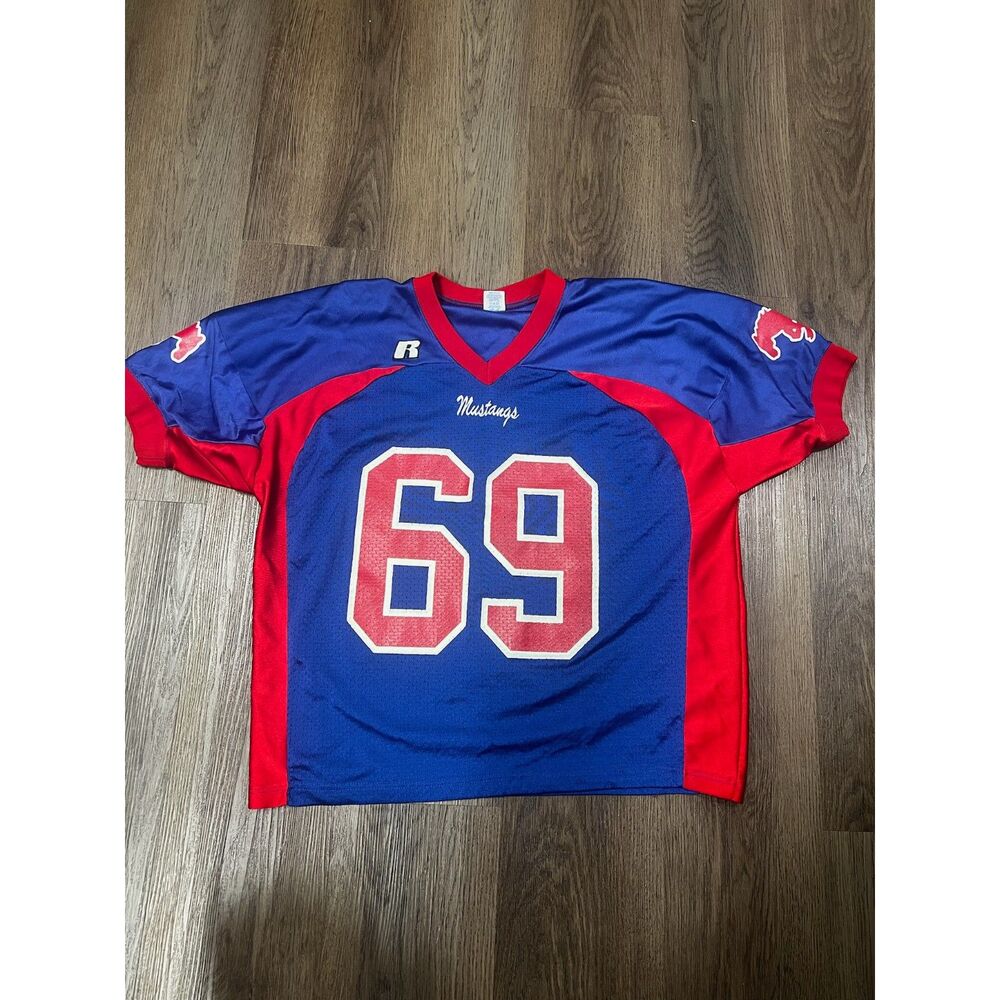 Vintage Russell Athletic USA Mustangs Football Jersey #69 Men's XXL Blue Red